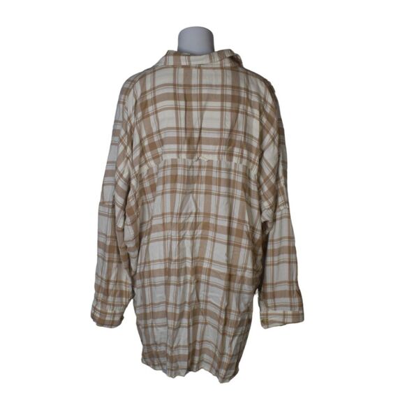 American Eagle Oversized Big Hug Lightweight Flannel Tan White Womens Medium - Picture 2 of 5
